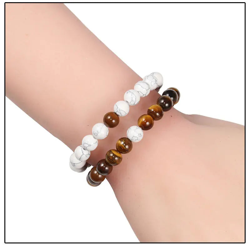 Matching Black and White Lava Stone & Tiger Eye Beaded Bracelets for Couples