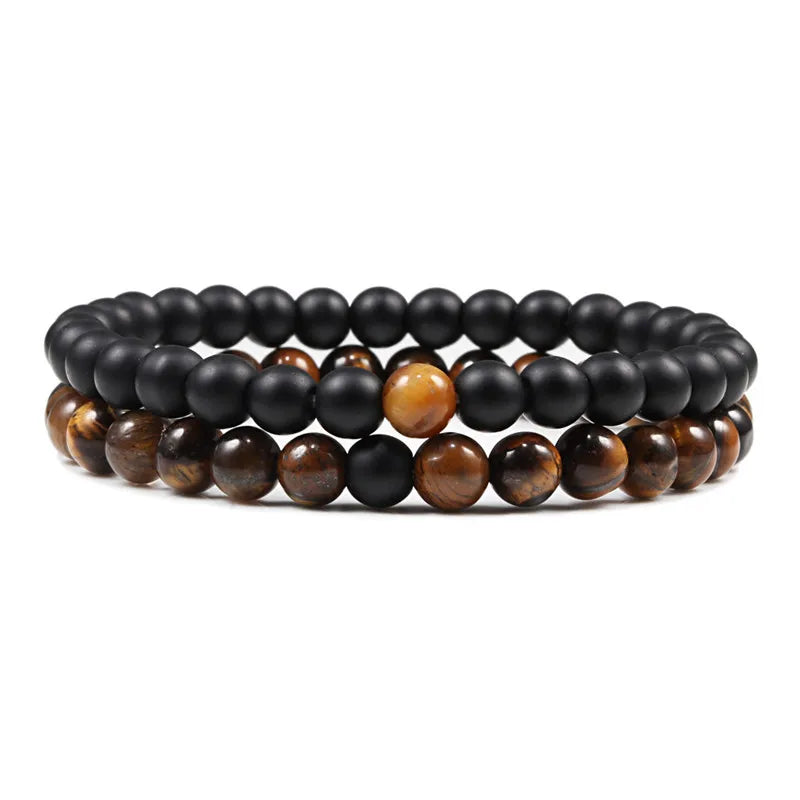 Matching Black and White Lava Stone & Tiger Eye Beaded Bracelets for Couples