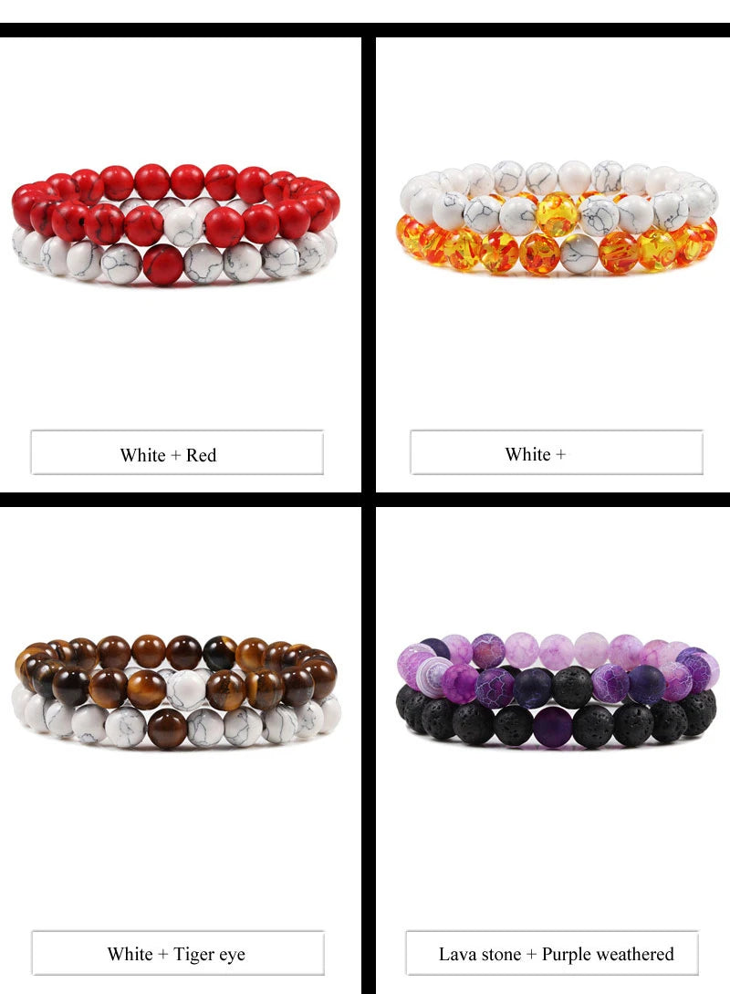 Matching Black and White Lava Stone & Tiger Eye Beaded Bracelets for Couples