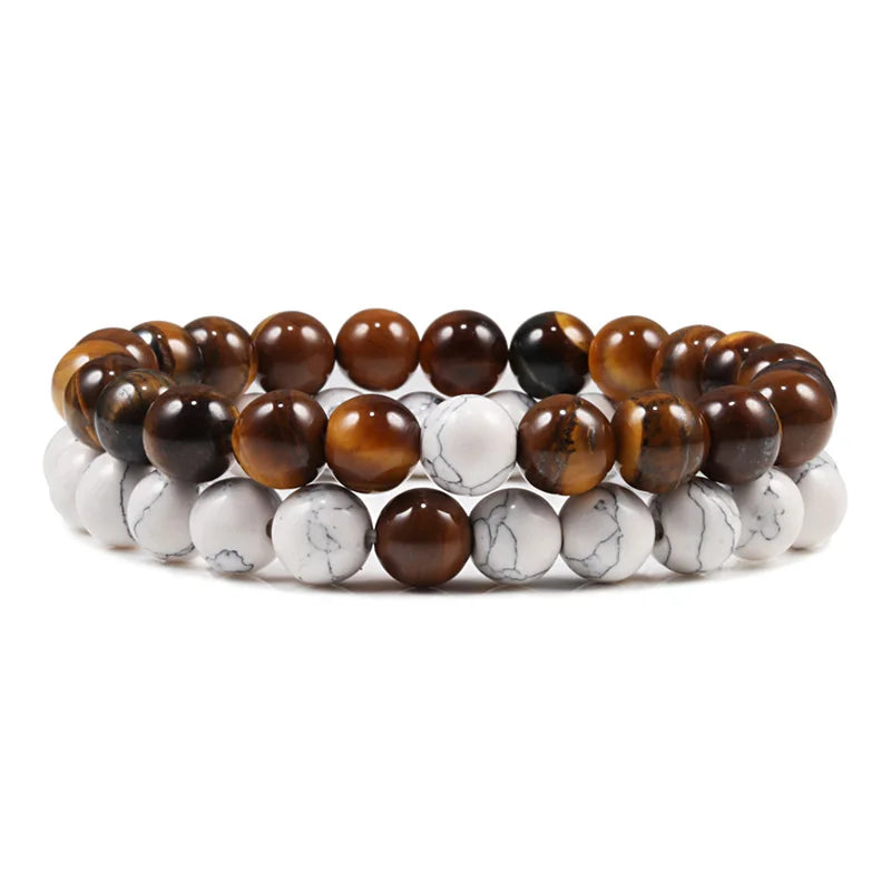 Matching Black and White Lava Stone & Tiger Eye Beaded Bracelets for Couples