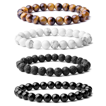 Energy Healing Beaded Bracelet - 8mm Natural Stones: Black Onyx, Lava, Tiger Eye, Agate, Quartz for Men and Women, Yoga & Chakra Jewelry