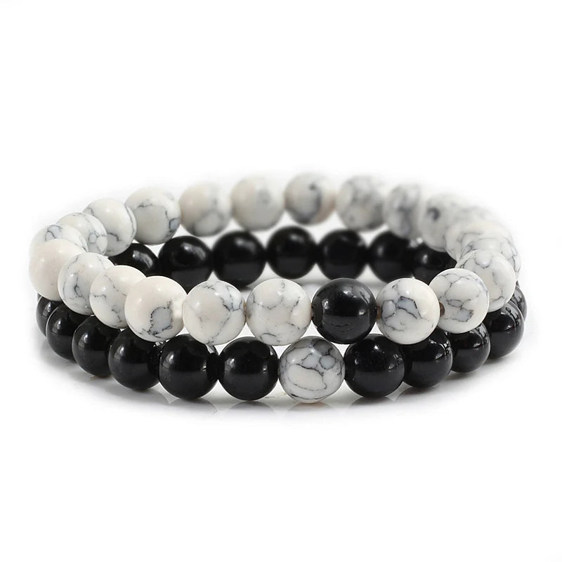 Matching Black and White Lava Stone & Tiger Eye Beaded Bracelets for Couples