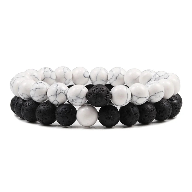 Matching Black and White Lava Stone & Tiger Eye Beaded Bracelets for Couples