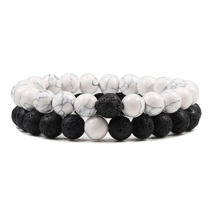 Matching Black and White Lava Stone & Tiger Eye Beaded Bracelets for Couples
