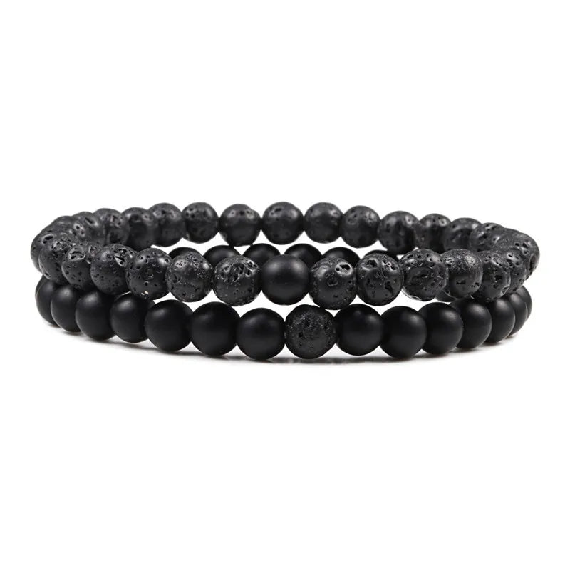 Matching Black and White Lava Stone & Tiger Eye Beaded Bracelets for Couples