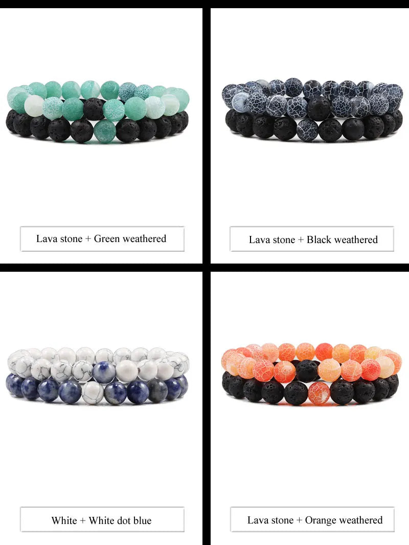 Matching Black and White Lava Stone & Tiger Eye Beaded Bracelets for Couples