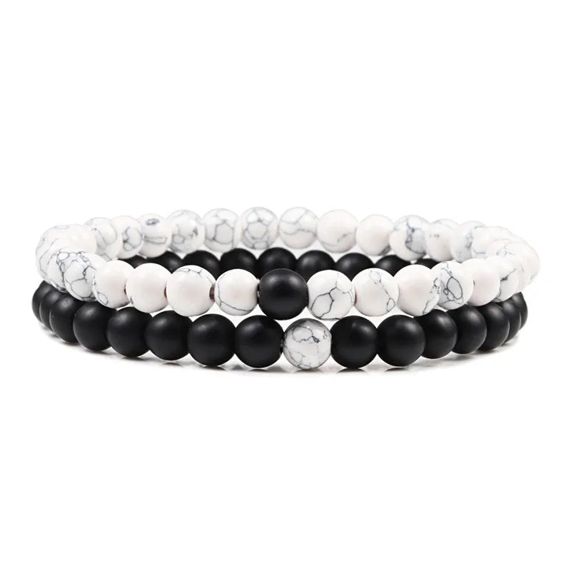 Matching Black and White Lava Stone & Tiger Eye Beaded Bracelets for Couples