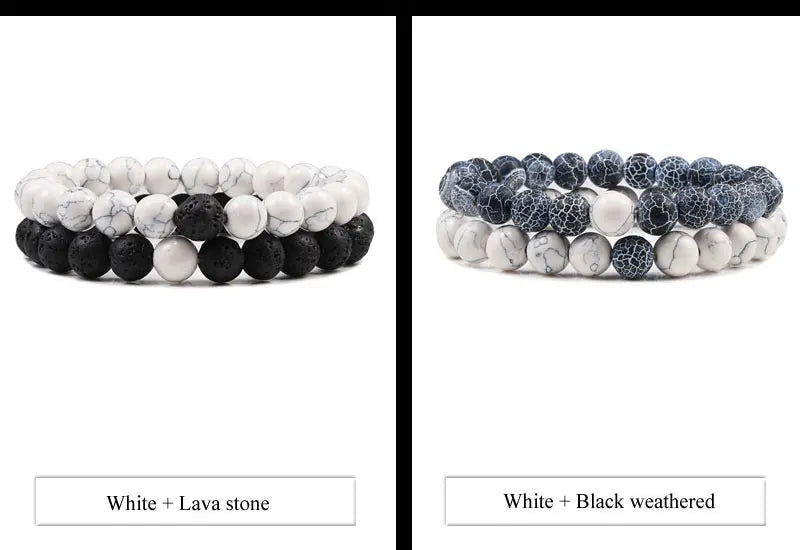 Matching Black and White Lava Stone & Tiger Eye Beaded Bracelets for Couples