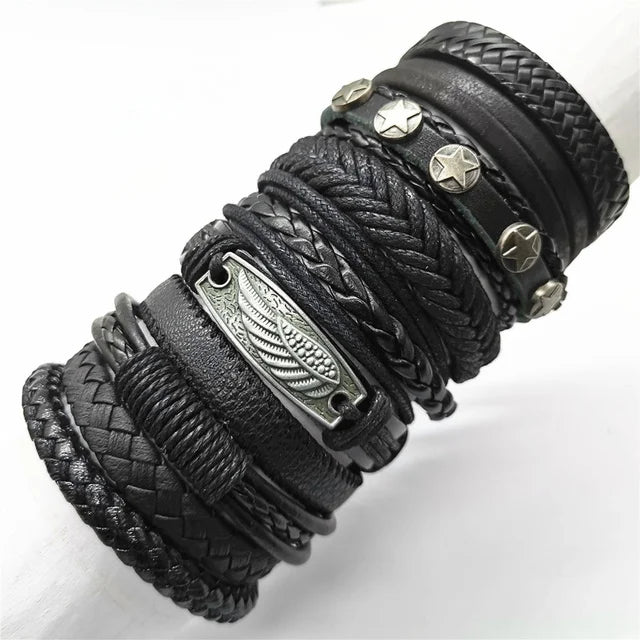 Leather Bracelets for Men and Women -10 Pcs Set of Handmade Black Woven- Stylish Bangles for Wholesale Gift Jewelry