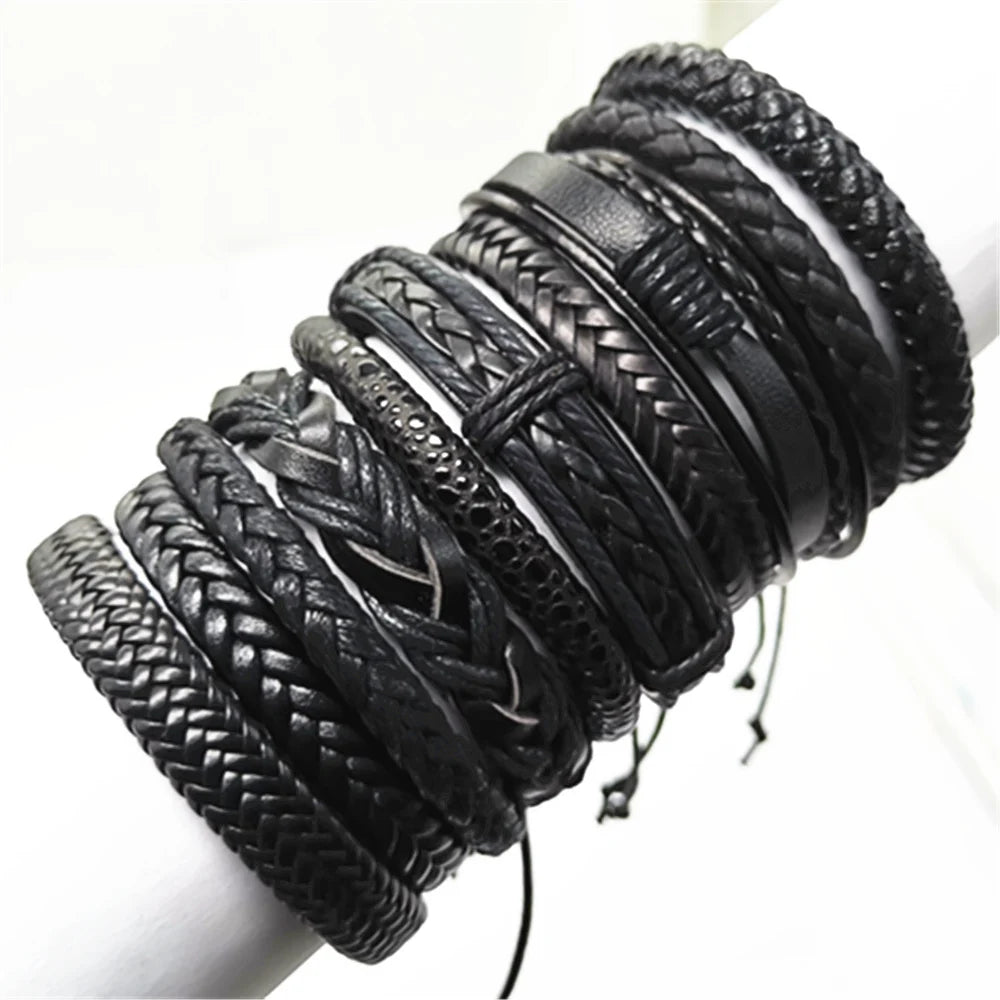Leather Bracelets for Men and Women -10 Pcs Set of Handmade Black Woven- Stylish Bangles for Wholesale Gift Jewelry
