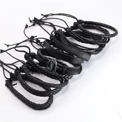 Leather Bracelets for Men and Women -10 Pcs Set of Handmade Black Woven- Stylish Bangles for Wholesale Gift Jewelry
