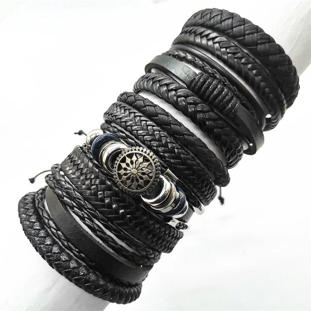 Leather Bracelets for Men and Women -10 Pcs Set of Handmade Black Woven- Stylish Bangles for Wholesale Gift Jewelry