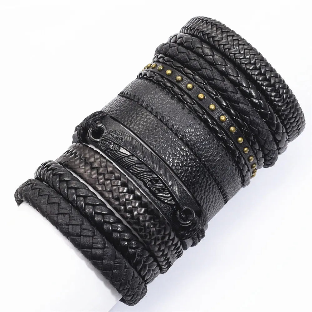 Leather Bracelets for Men and Women -10 Pcs Set of Handmade Black Woven- Stylish Bangles for Wholesale Gift Jewelry